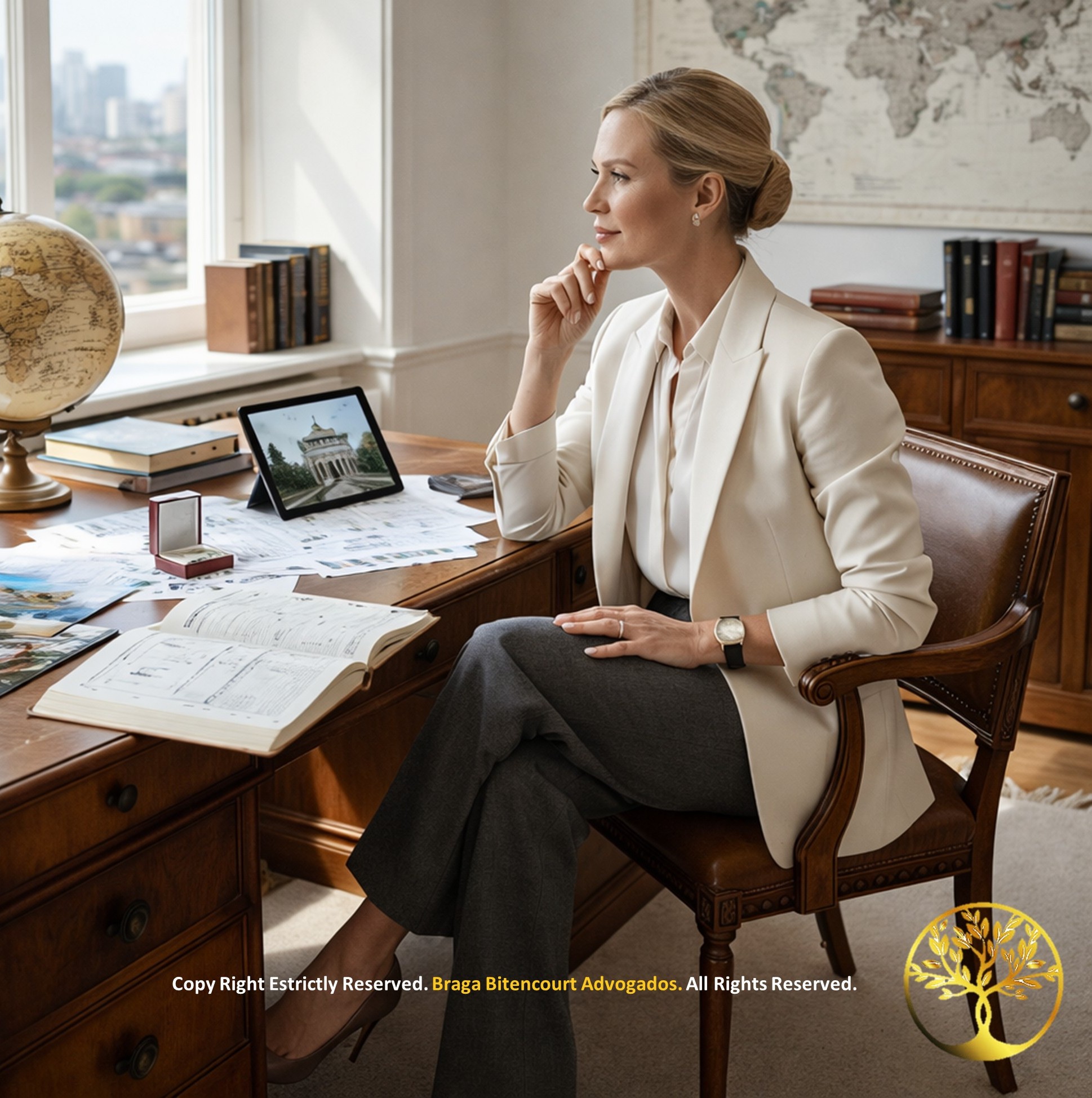Advogada com traje social sentada em escritório moderno com mapas e documentos sobre a mesa, representando o processo de Apostila de Haia.