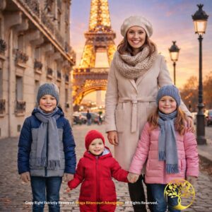 Mãe e três filhos sorrindo em frente à Torre Eiffel em Paris, ilustrando a liberdade de viajar com a documentação jurídica em dia.
