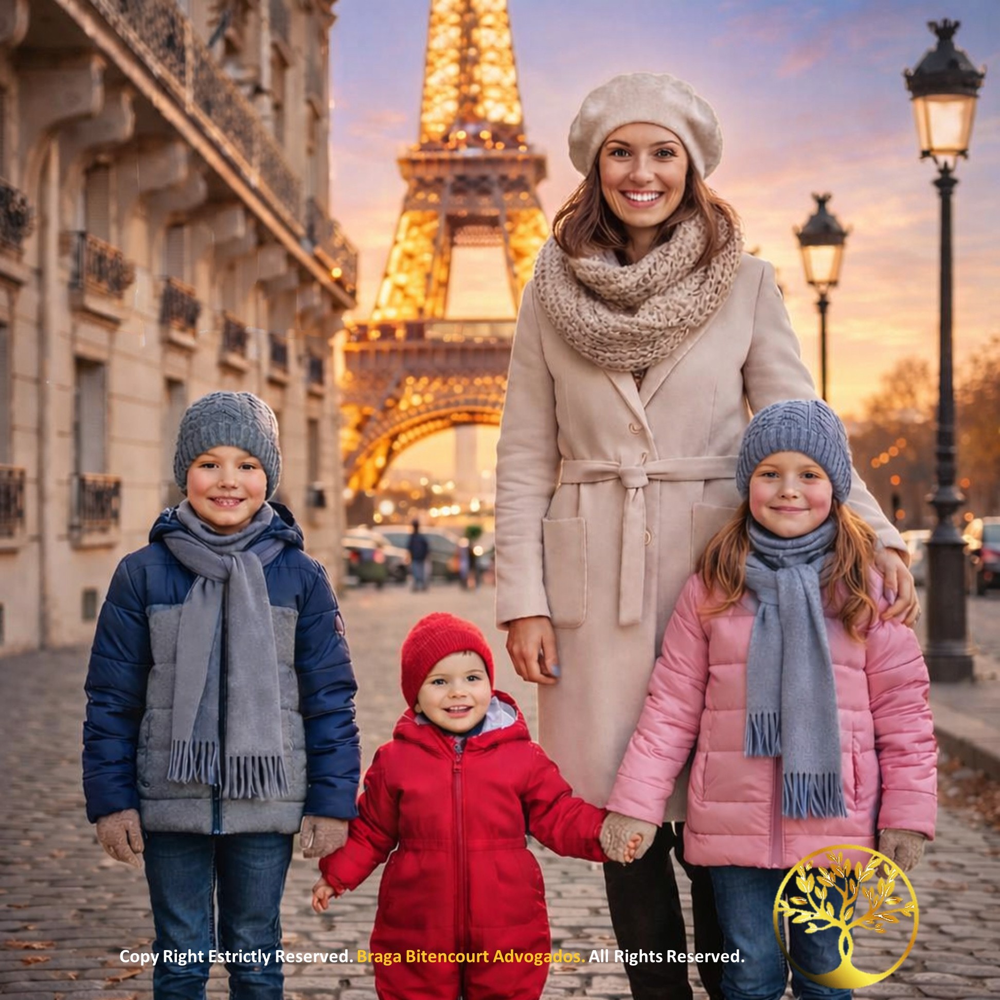 Mãe e três filhos sorrindo em frente à Torre Eiffel em Paris, ilustrando a liberdade de viajar com a documentação jurídica em dia.