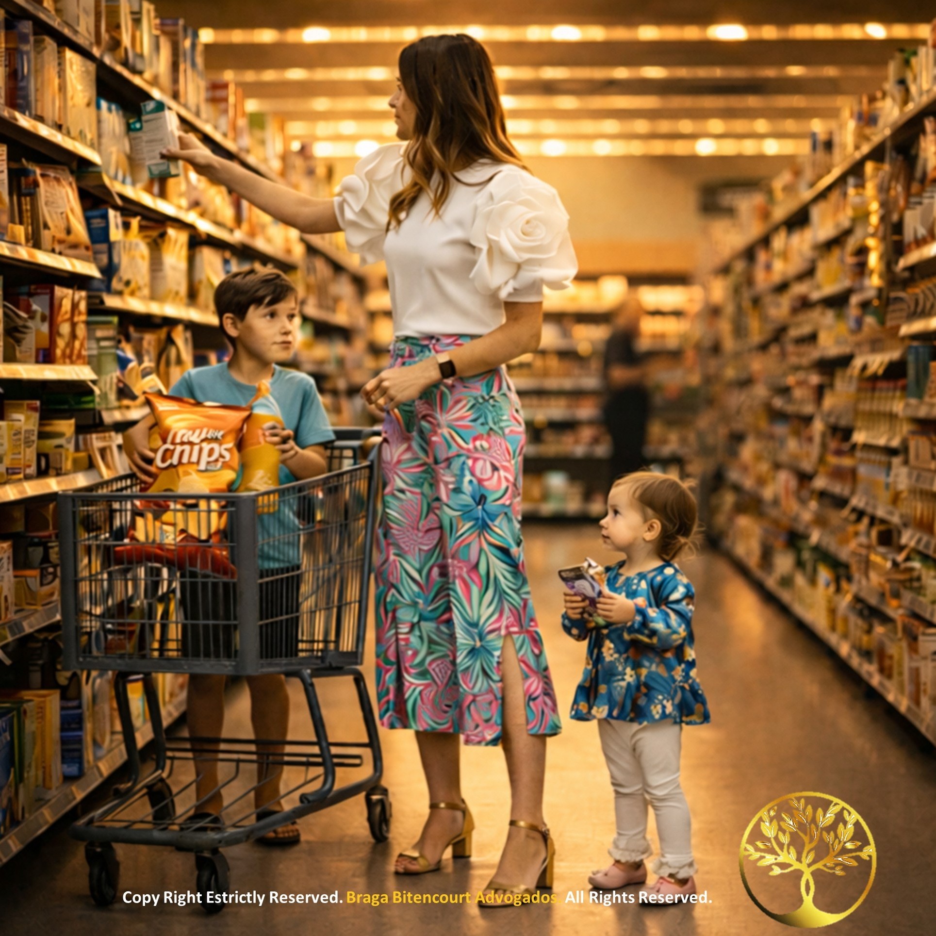 Mulher sorridente fazendo compras em um supermercado com duas crianças, representando o bem-estar e a segurança financeira garantidos pela pensão alimentícia.