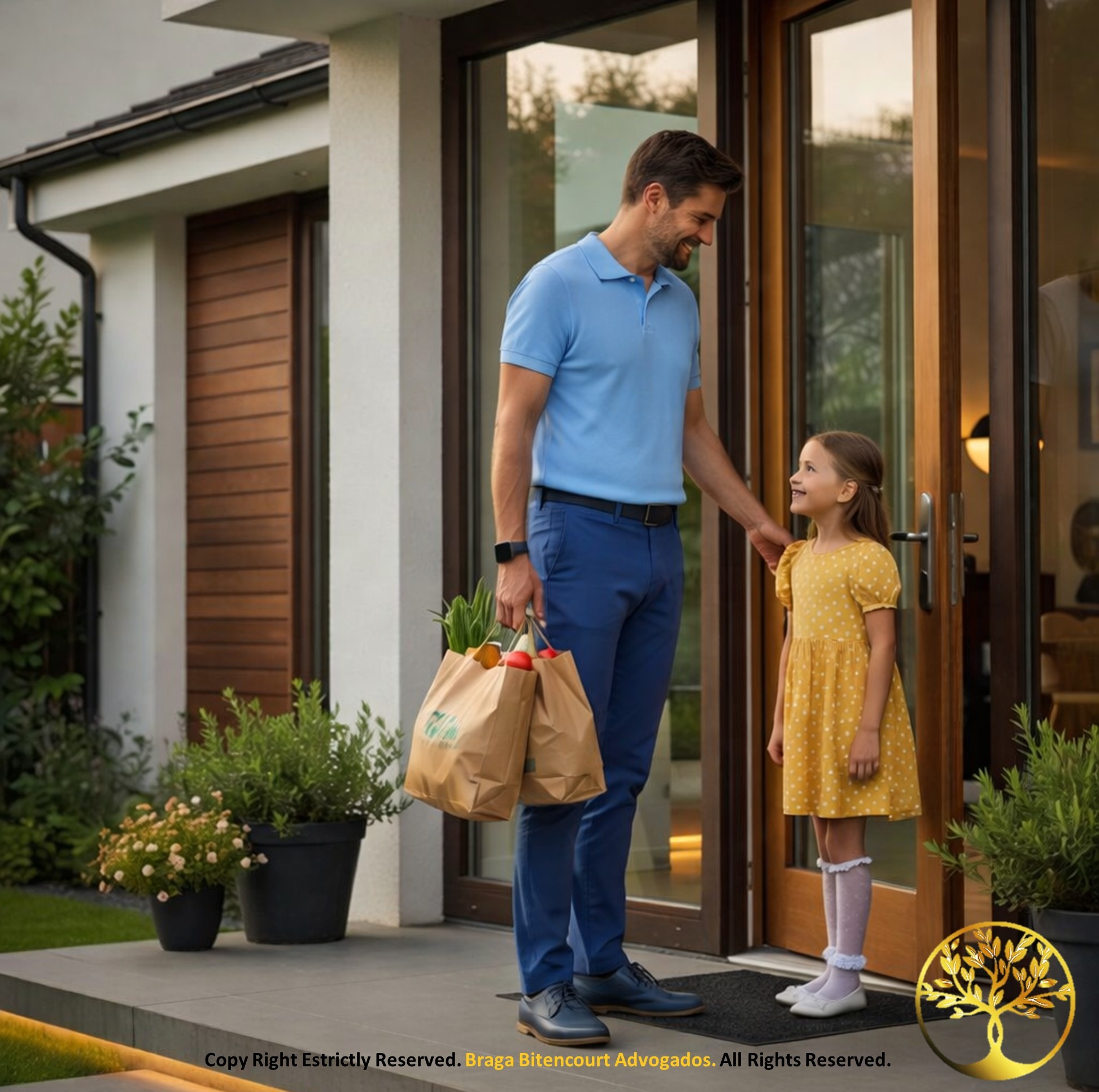 Homem sorridente segurando sacolas de compras ao chegar em casa, sendo recebido por sua filha pequena na porta. Imagem simbolizando a rotina e o direito de convivência familiar.