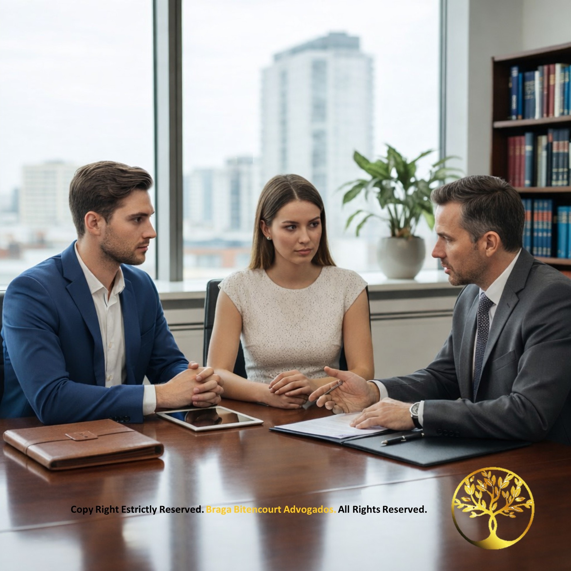 Homem e mulher sentados à mesa de um escritório de advocacia conversando com um advogado sobre o distrato de união estável.