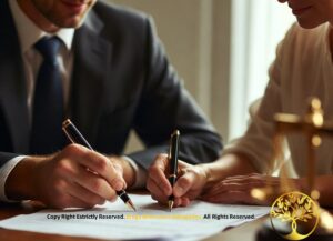 Advogado especializado orientando casal em escritório sobre os procedimentos e requisitos do divórcio extrajudicial.