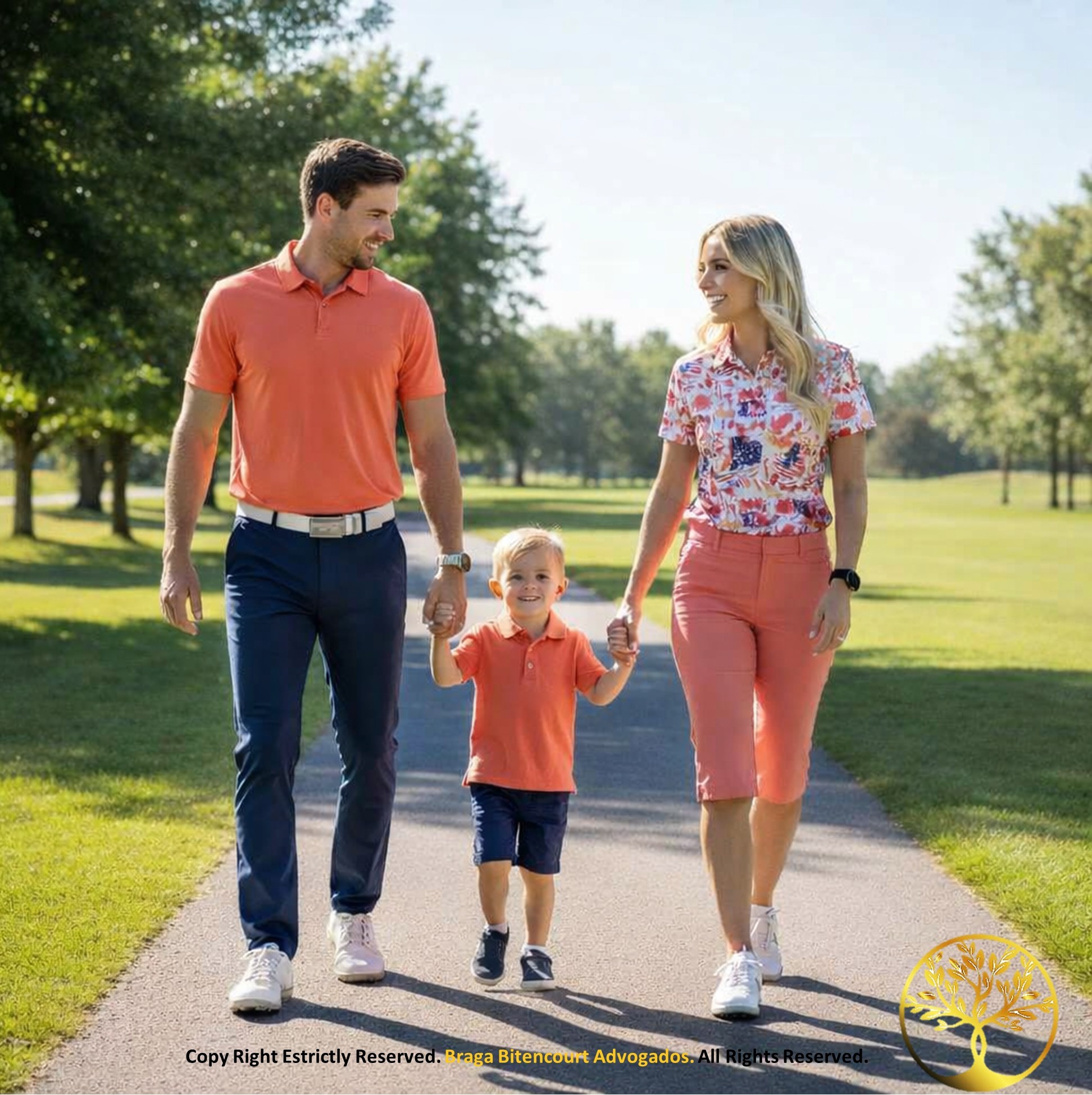 Pai, mãe e filho pequeno caminhando de mãos dadas em um parque ensolarado, simbolizando a cooperação parental na guarda compartilhada.