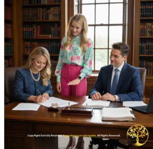 Duas advogadas e um homem em um escritório clássico assinando documentos, representando a validação jurídica de um divórcio realizado no exterior.