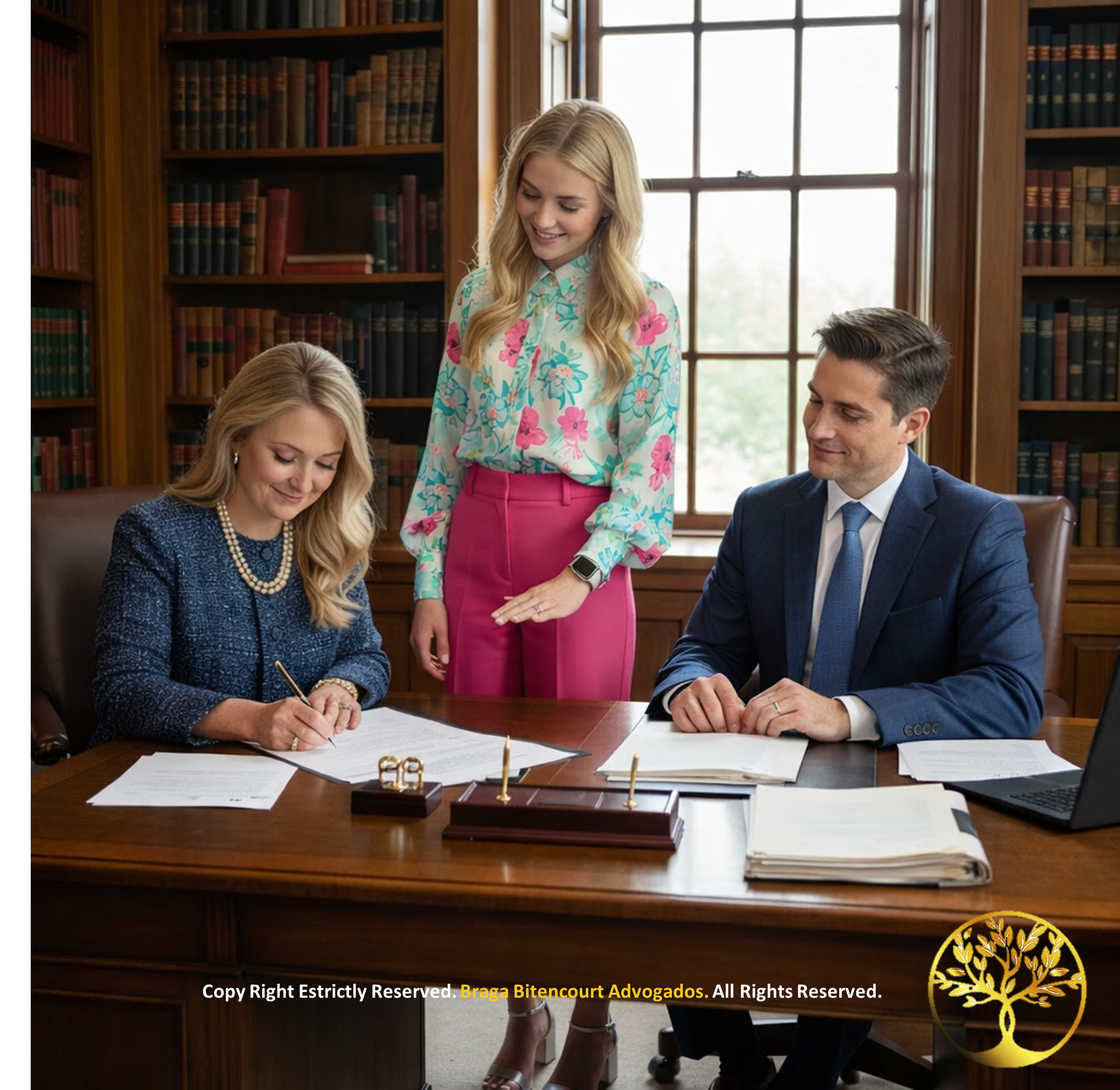 Duas advogadas e um homem em um escritório clássico assinando documentos, representando a validação jurídica de um divórcio realizado no exterior.
