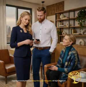 Três pessoas em um escritório moderno consultando dispositivos móveis, representando a agilidade e o suporte jurídico na homologação de sentenças estrangeiras.