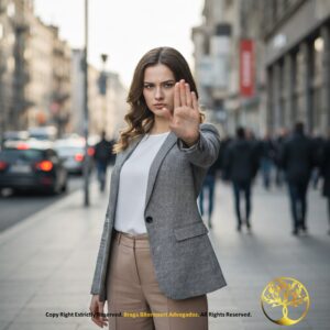 Mulher em ambiente urbano fazendo sinal de "pare" com a mão estendida, simbolizando a imposição de limites e a busca por proteção legal através de medidas protetivas.