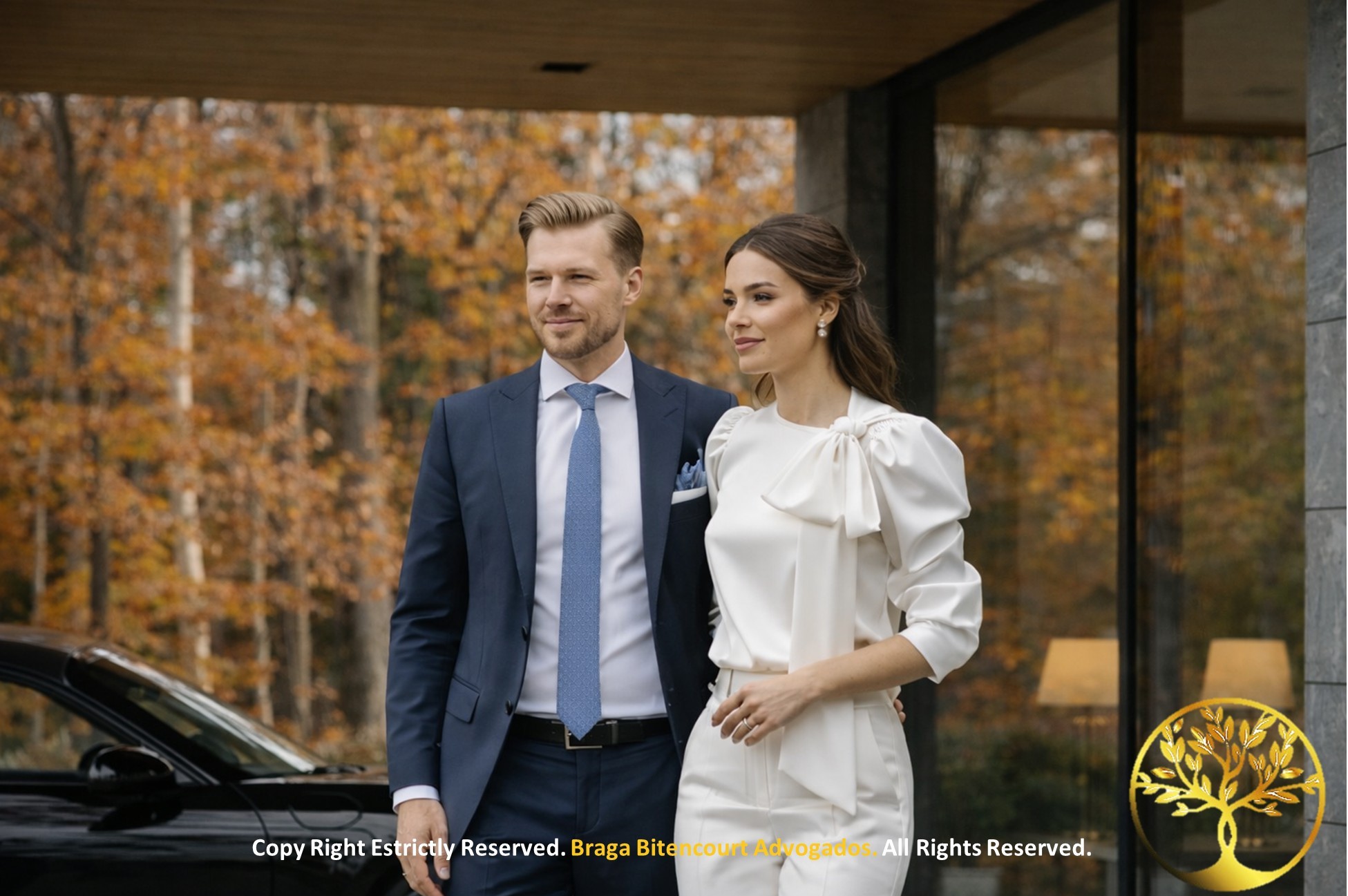 Casal jovem e elegante em frente a uma residência moderna, simbolizando o planejamento e a segurança jurídica na escolha personalizada do regime de bens.