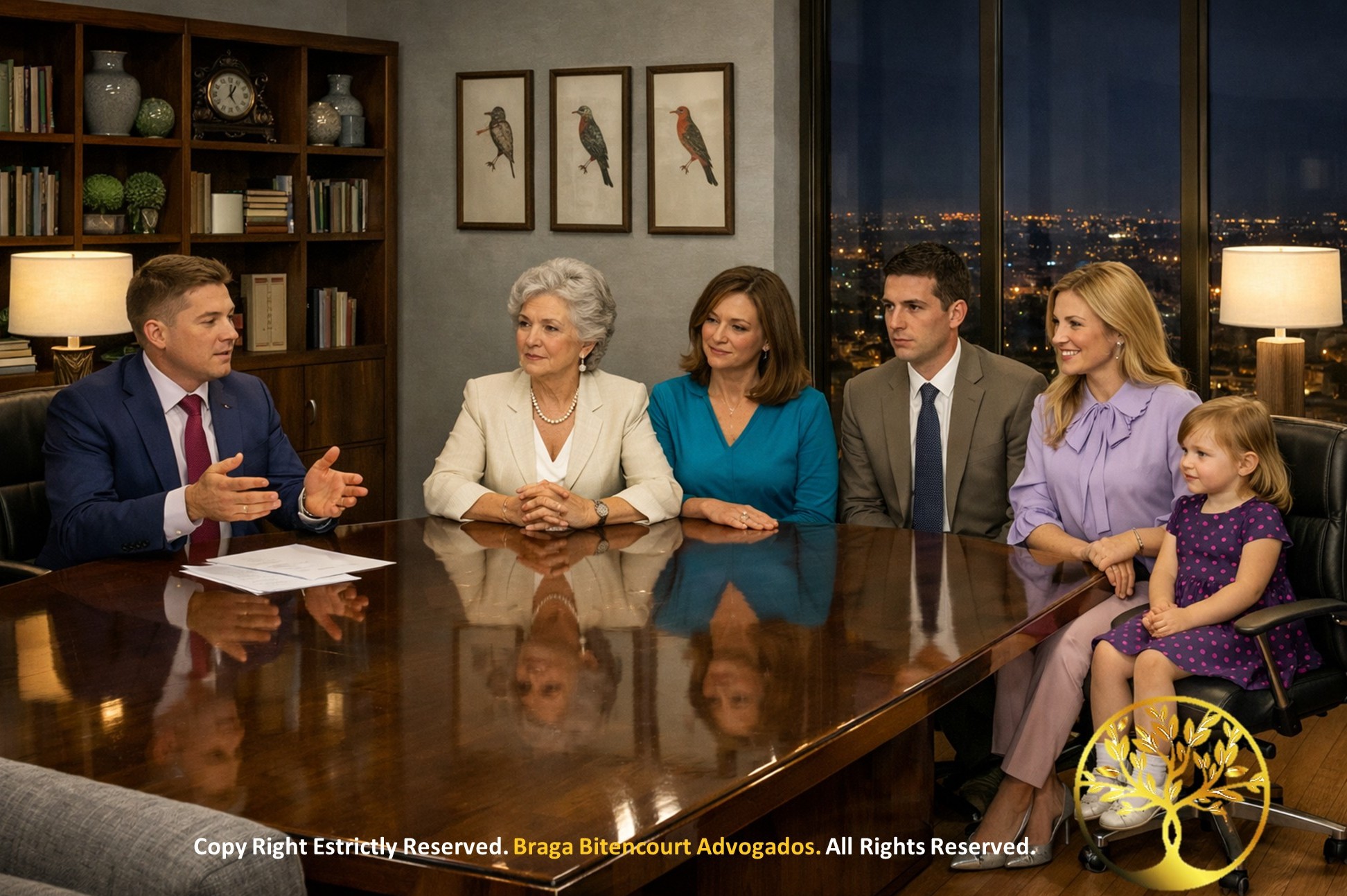 Advogado em mesa de reunião explicando o processo de inventário para uma família multigeracional em escritório jurídico.