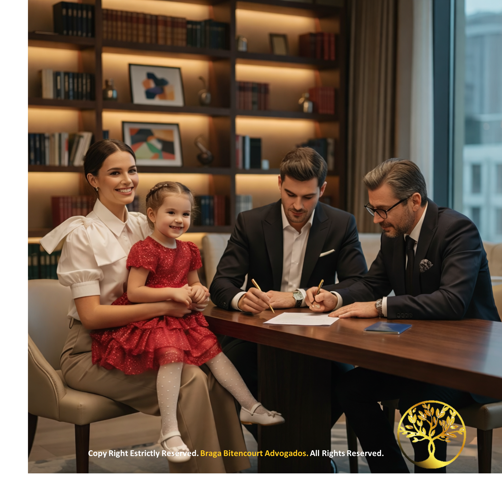 Casal com uma criança pequena em escritório de advocacia assinando documentos, representando a regularização de autorizações para menores de idade.