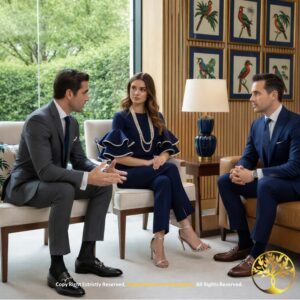 Casal em reunião com advogado em um escritório decorado, discutindo opções de regimes de bens para o casamento.