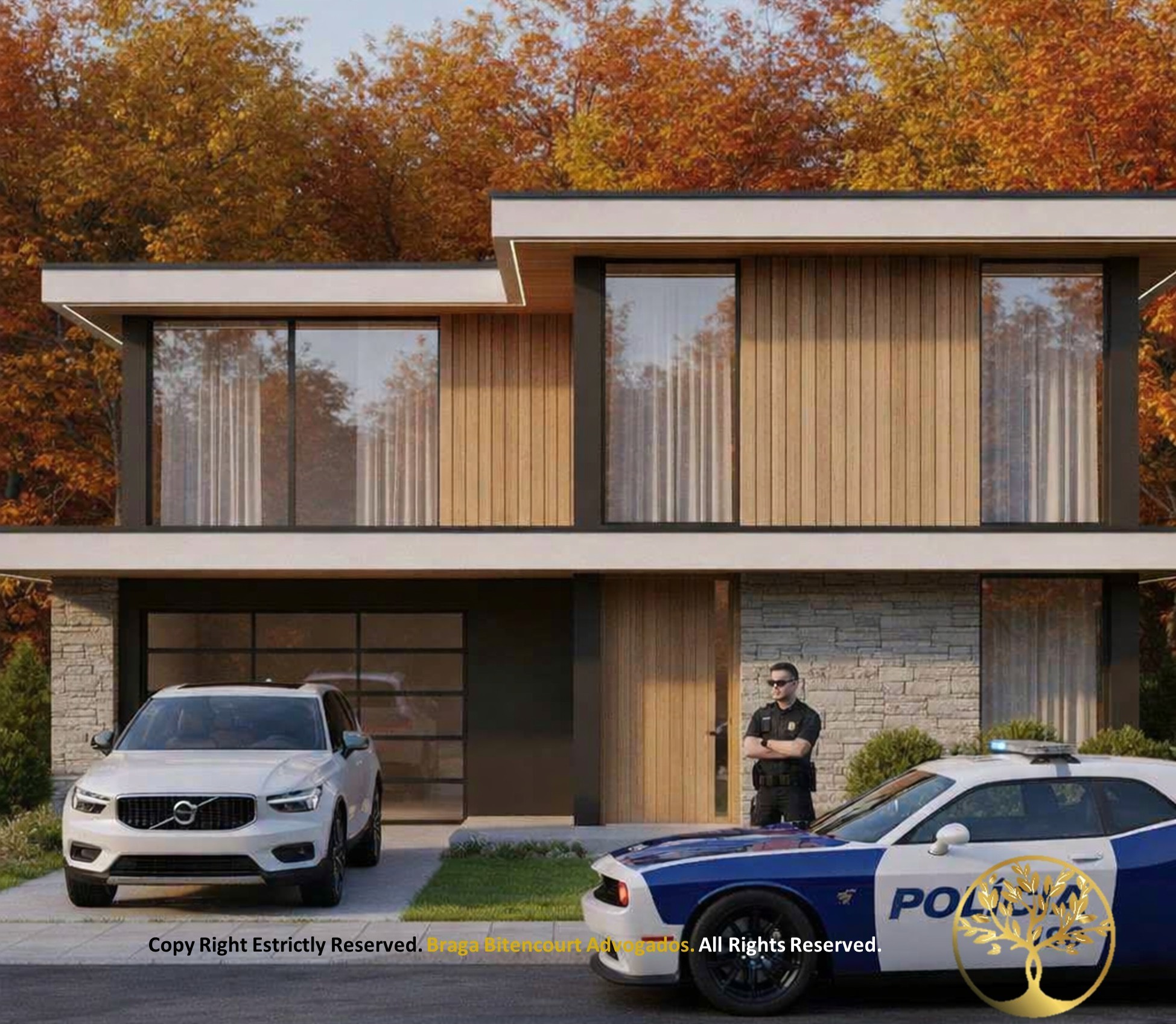 Fachada de casa moderna com viatura de polícia e policial na frente, ilustrando a execução de prisão civil por falta de pagamento de pensão alimentícia.