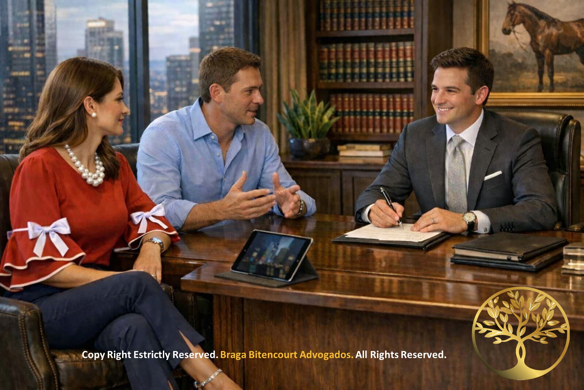 Casal em atendimento realizando um pacto um antinupcial com advogado especialista.